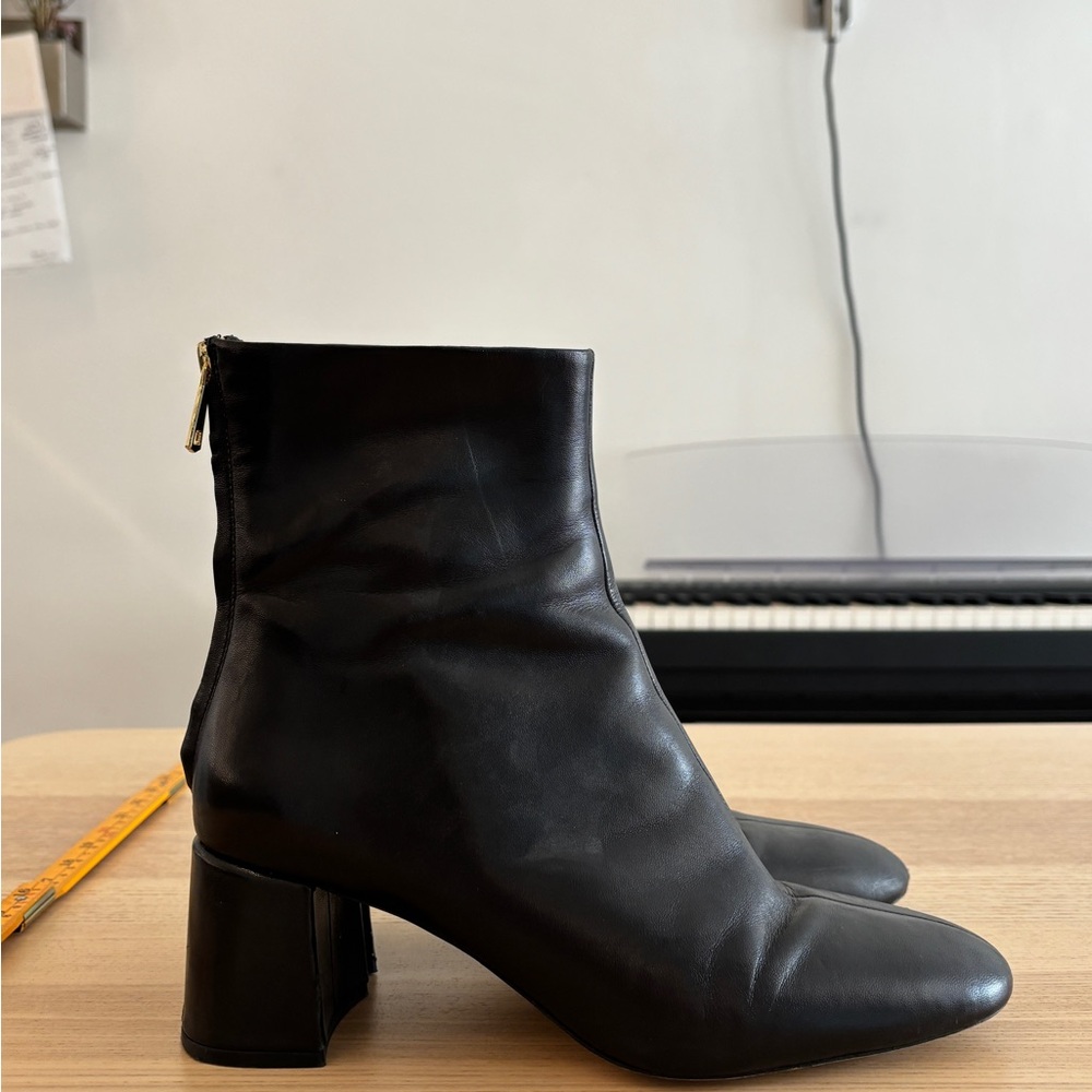 H&M Black Leather Block Heel Ankle Boots